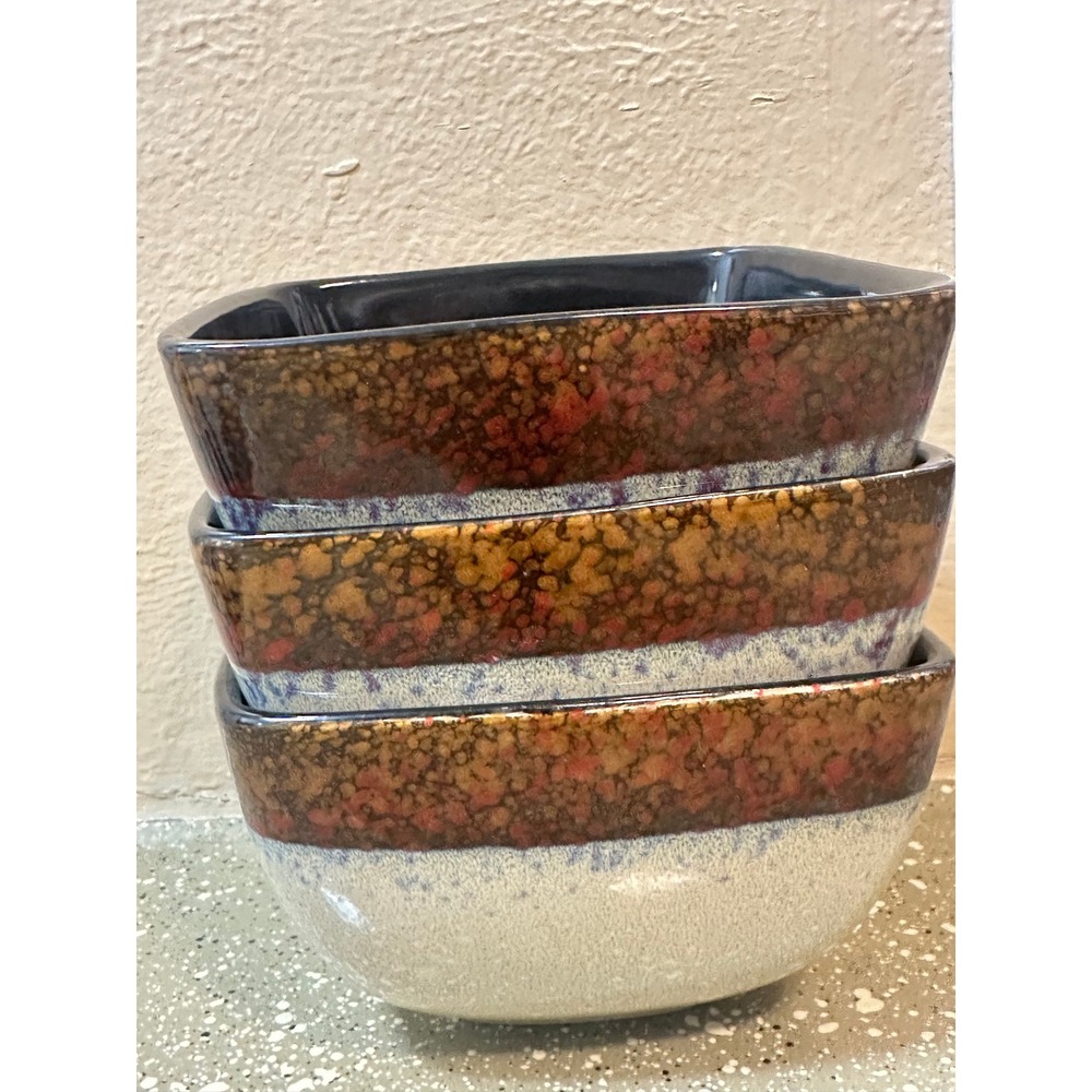 MasterCuisine Square Stoneware Bowls Set of 3 Tan Blue‎ Speckled Black Interior - Picture 9 of 10